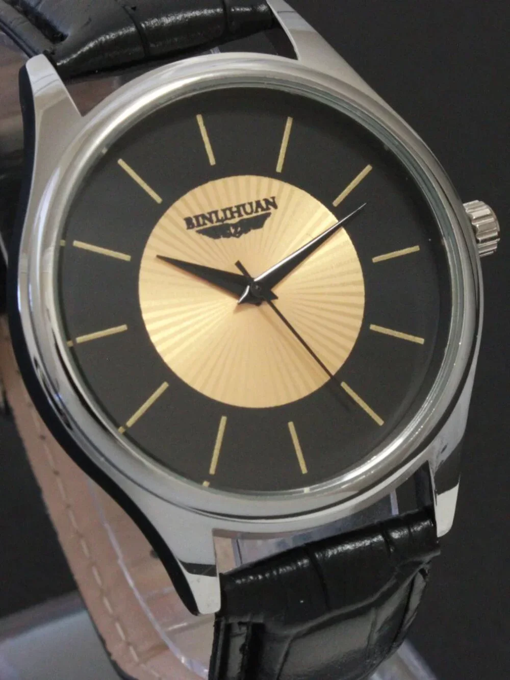 Men's Quartz Dress Watch Black Dial Gold Textured Insert Black Strap 42mm